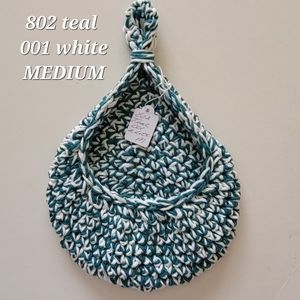 MEDIUM 802 TEAL 001 WHITE HANDMADE CROCHETED  HANGING WALL BASKET 2…